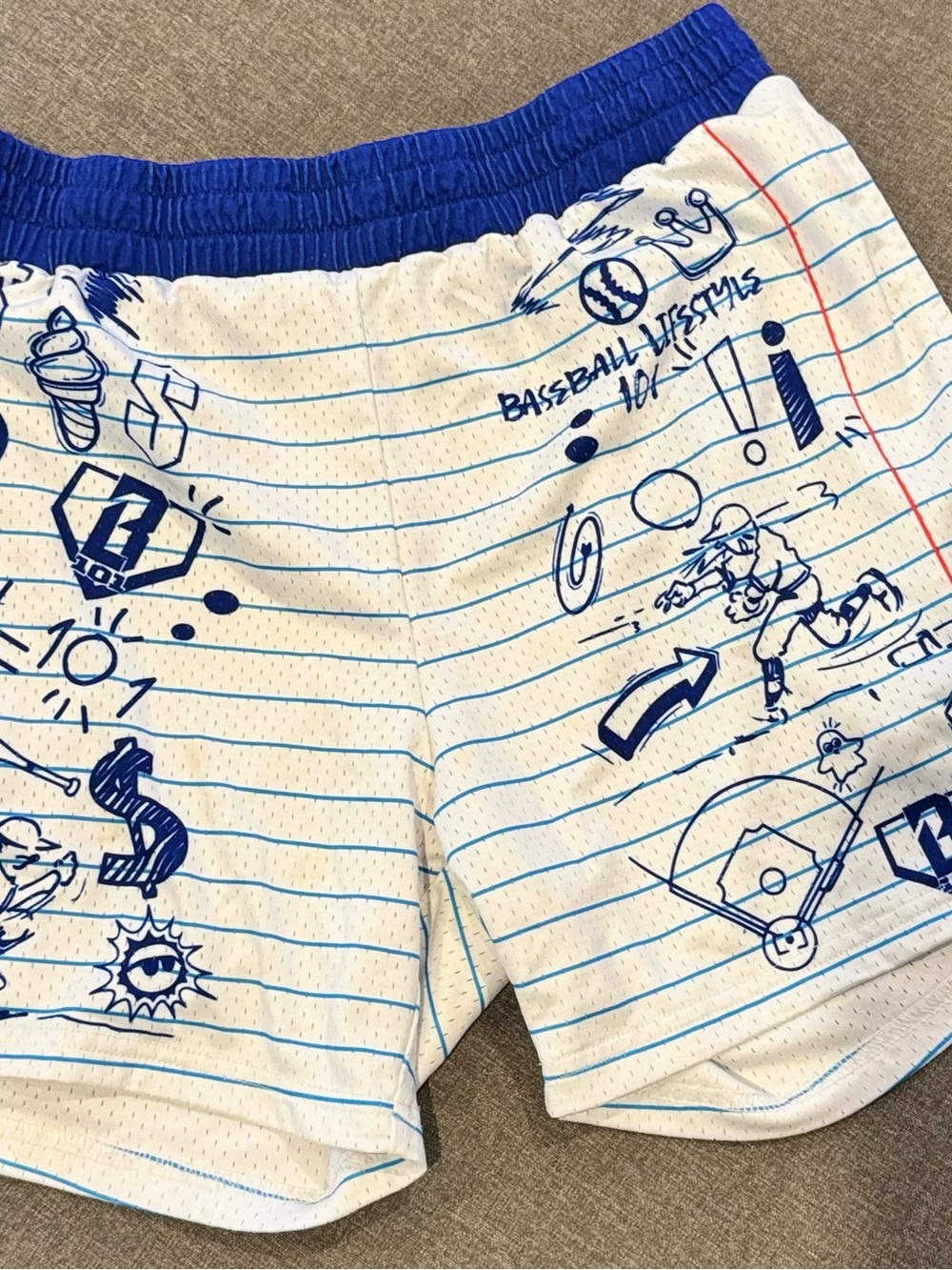 Men's White & Blue Baseball Print Athletic Shorts